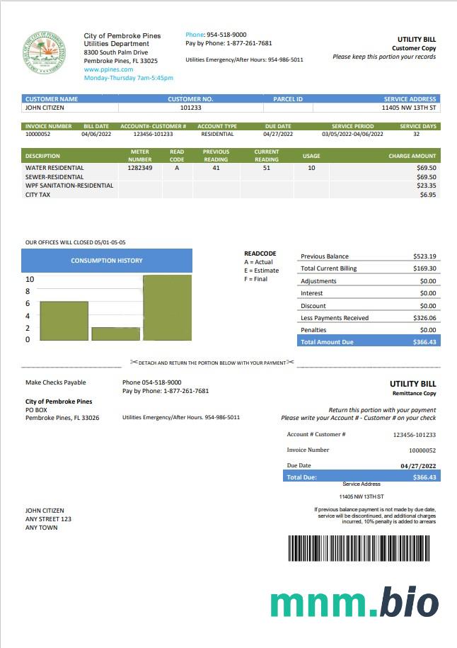 USA Florida City of Pembroke Pines Utilities Department rachunek za media szablon w formacie Word i PDF